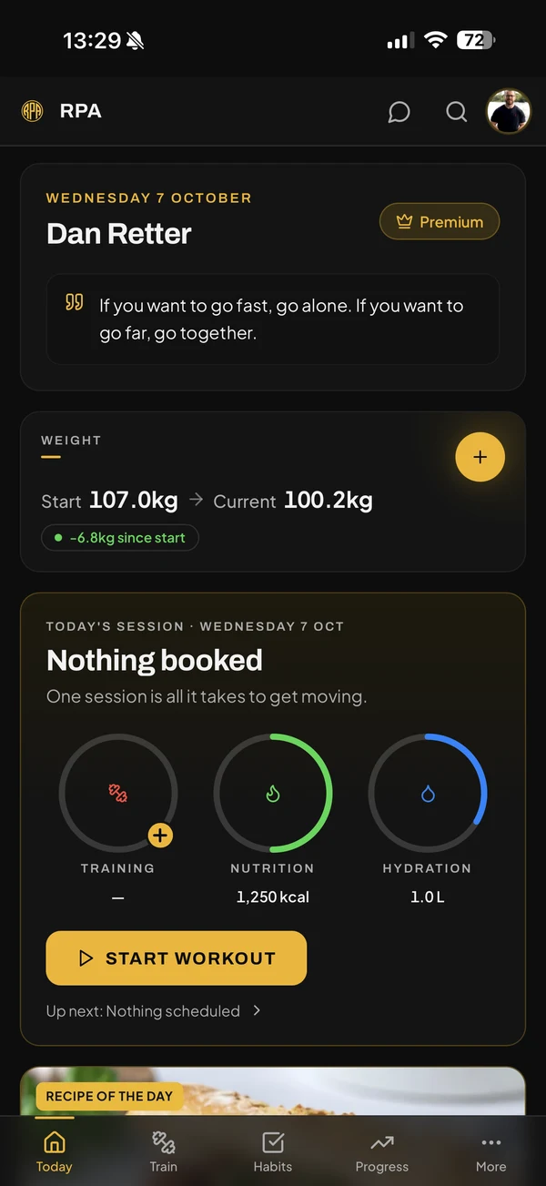 RPA app Today screen with step tracker, habits and today's workout